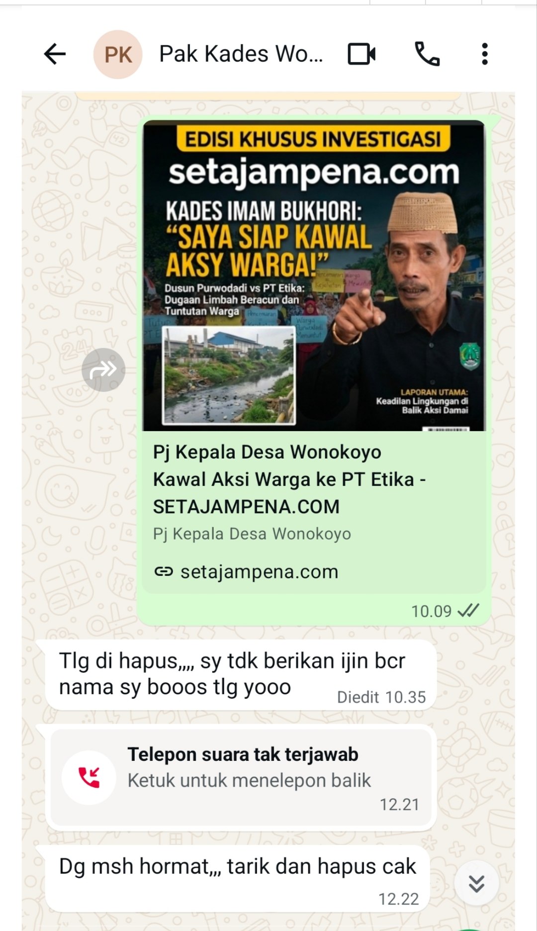 Pj Kades Wonokoyo Minta Berita Aksi PT Etika Dihapus